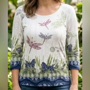 Christopher & Banks Dragonfly & Safari Animal Print 3/4 Sleeve Top Size S